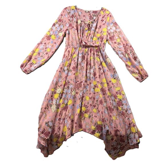 Wonderly Dresses & Skirts - Wonderly Midi Dress Sheer Asymmetrical Hem Boho Flirty Pink Floral Medium H245